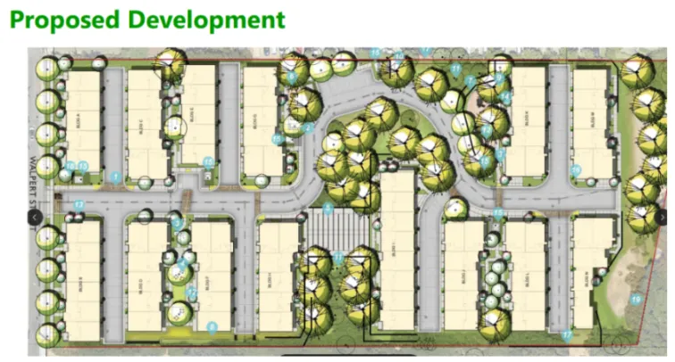 Aerial rendering of the 14 buildings, trees, and other amenities for the project.