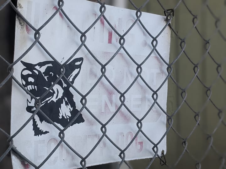 Photograph of a faded Do Not Enter sign behind a chain link fence.
